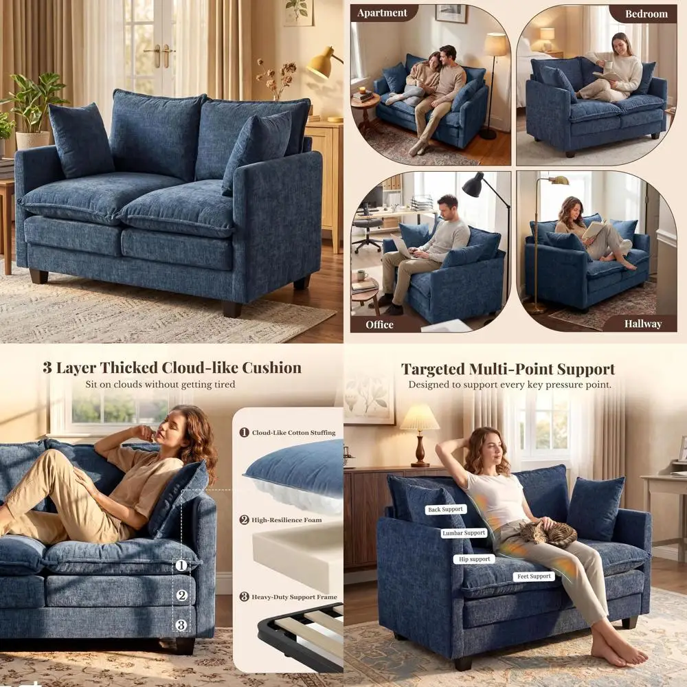 

50-Inch Blue Loveseat Sofa with 3-Layer Cloud Cushion & Deep Seat for Small Spaces