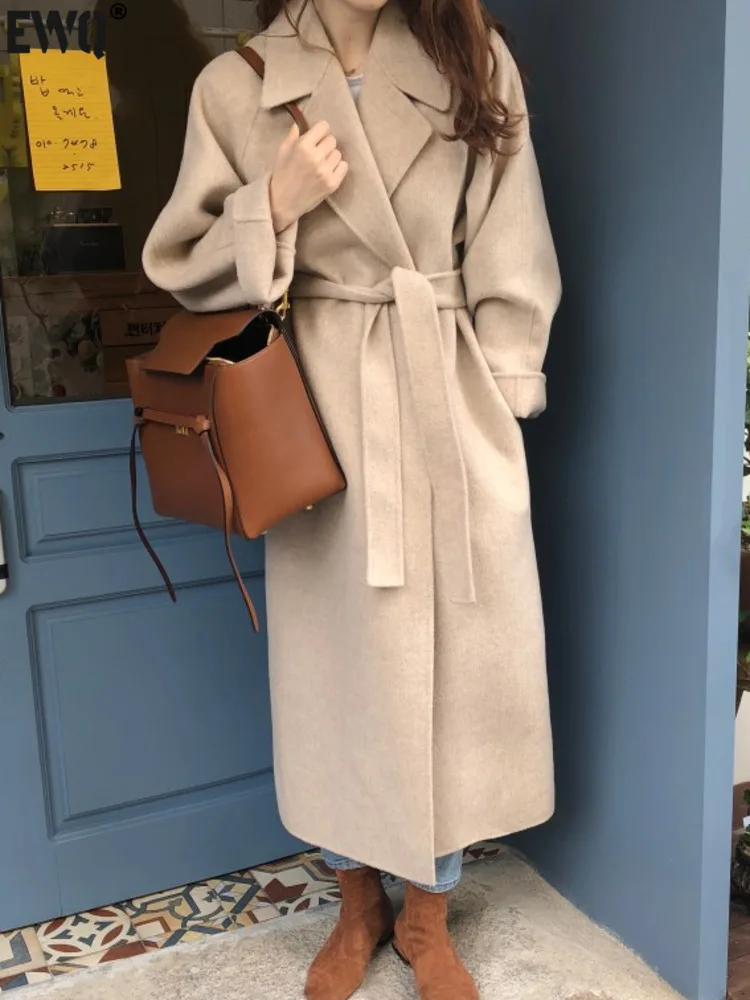 

[EWQ] Korean Elegant Temperament Female Light Grey Long Woolen Coats Lace-up Design Women Winter Cashmere Coat 2024 Autumn O1887