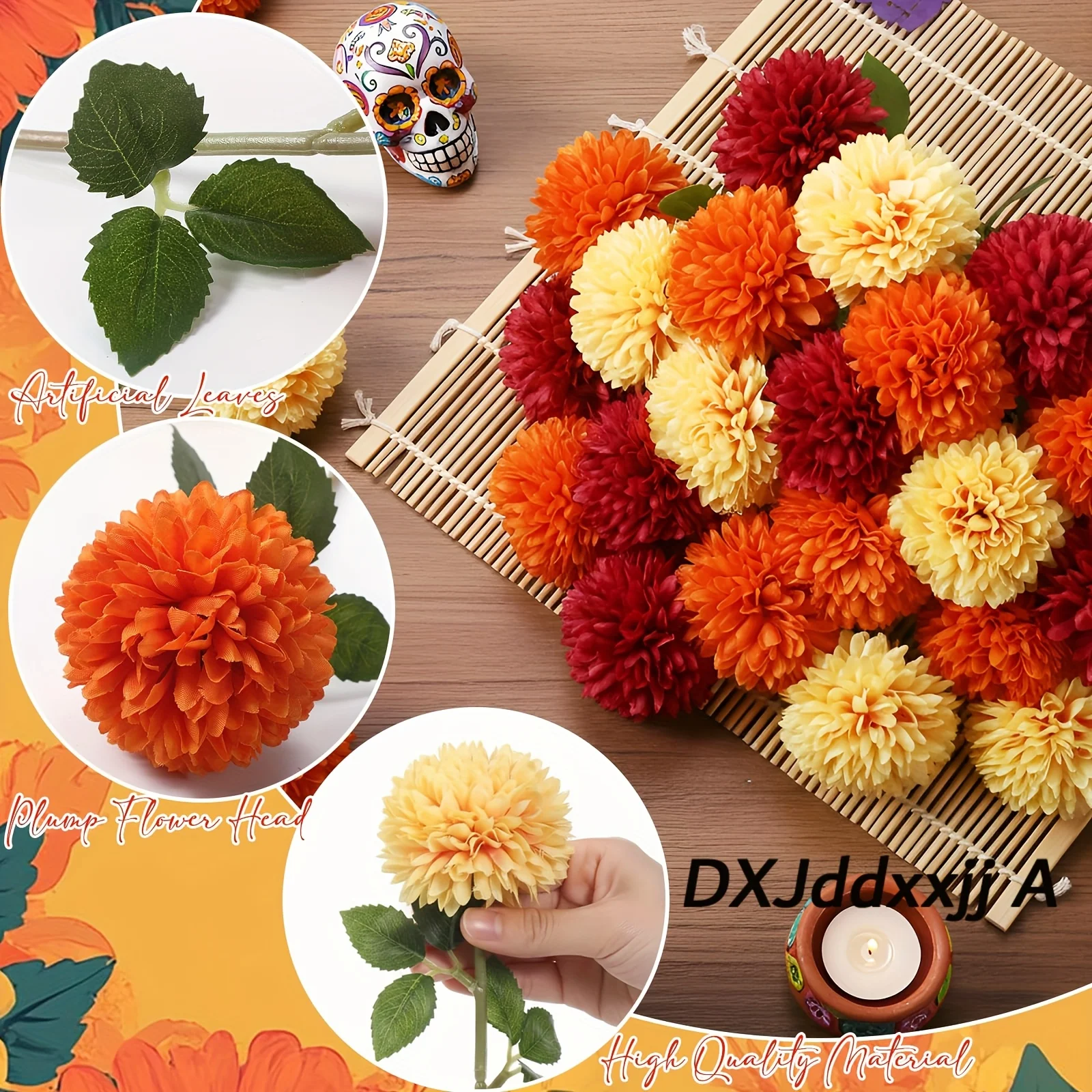 10/18 Seiden-/Kunststoff-Chrysanthemen (ohne Vase) – realistisch und farbenfroh (Orange, Rot, Gelb). Bouquets aus Ringelblumen und Chrysanthemen, geeignet für Hochzeiten, Halloween, Weihnachten, Herbsttischdekorationen – Detail 3