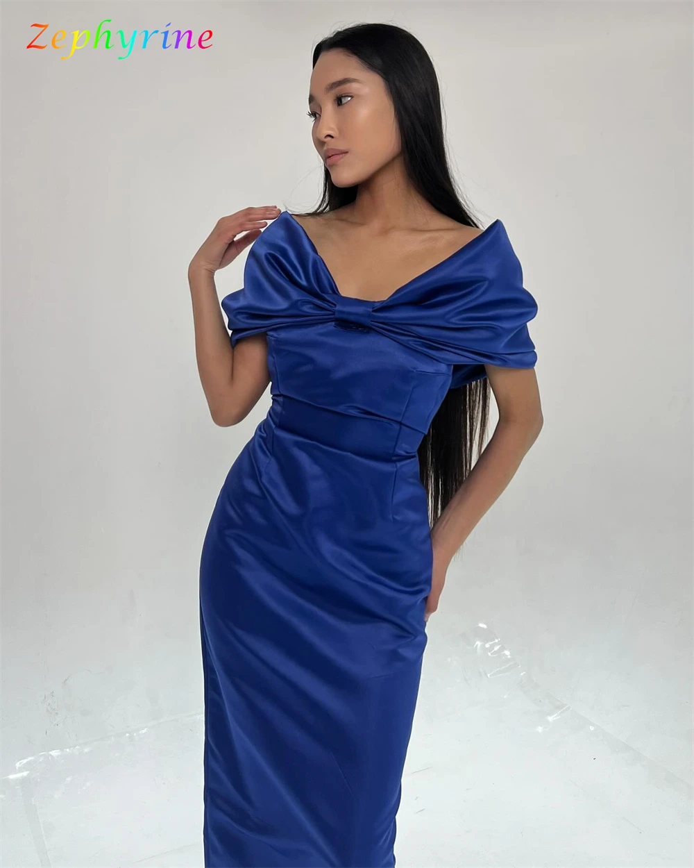 Customized Mermaid Exquisite Blue Satin Evening Dress Classic Off the Shoulder Sleeveless Homecoming Dresses Vestido De Festa