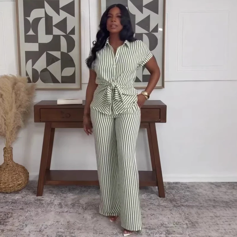 New  African Fashion Women Summer Two Piece Set Striped Short Sleeve Lace Up Shirt Top And Pants Set