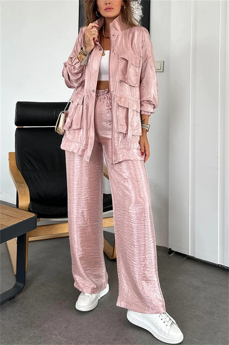 Streetwear 2 Piece Sets Women Outfit Spring Clothes Women 2025 Solid Pocket Jacket Top and Pant Sets Safari Style Tracksuits Set