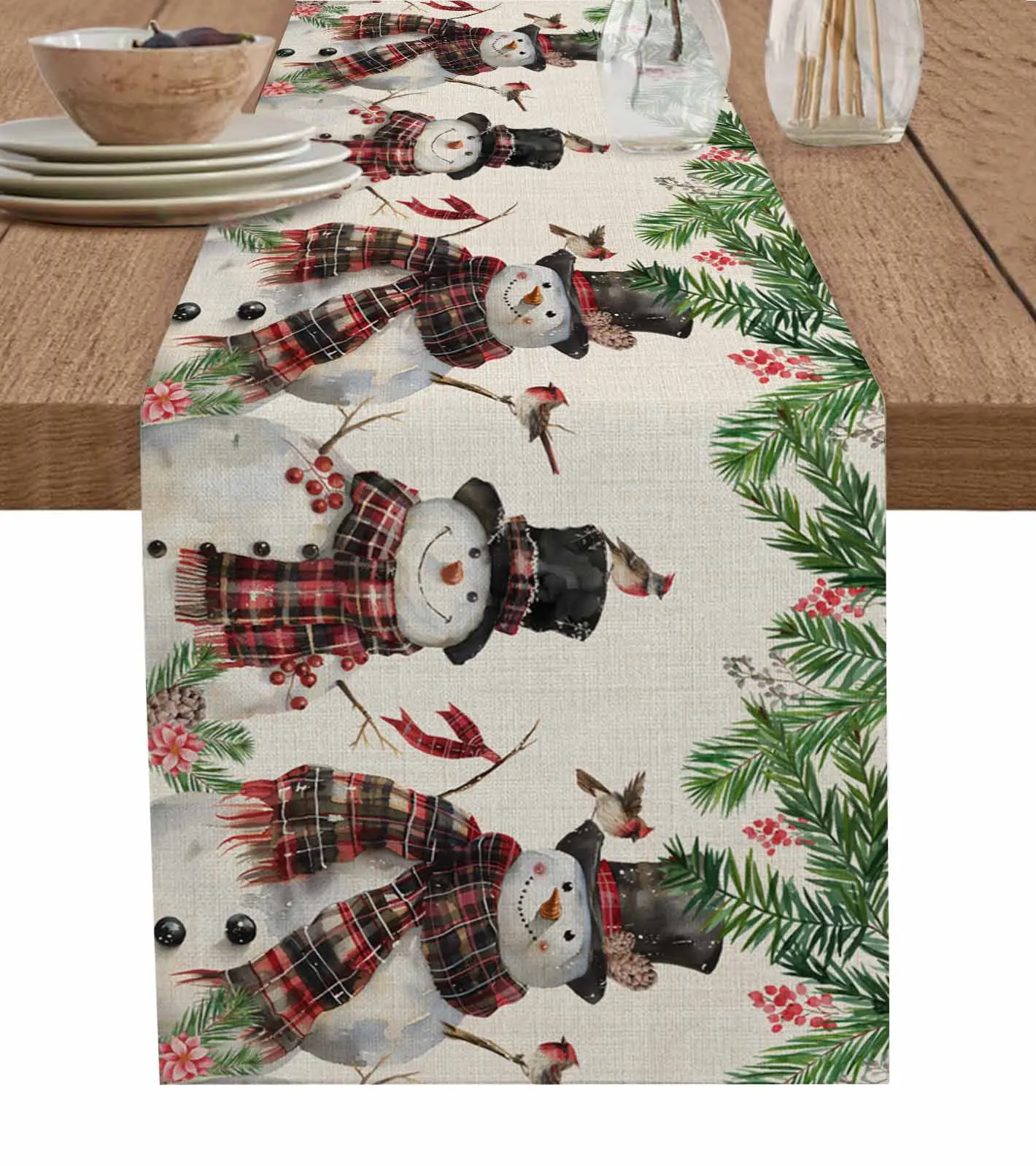 Christmas Snowman Red Sparrow Berries Table Runner Wedding Party Decor Table Runner Christmas Dining Table Decor Tablecloth