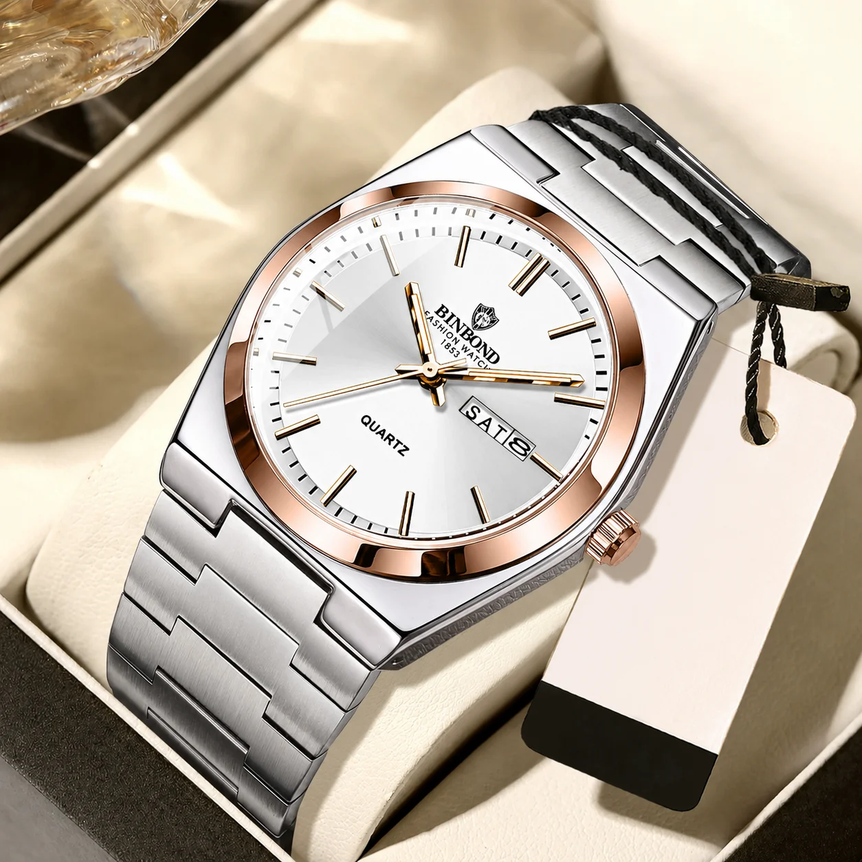 Orologio al Quarzo da Uomo con Cinturino in Acciaio Bianco-Rosa, Luminoso, di Alta Gamma, con Calendario, alla Moda e Versatile