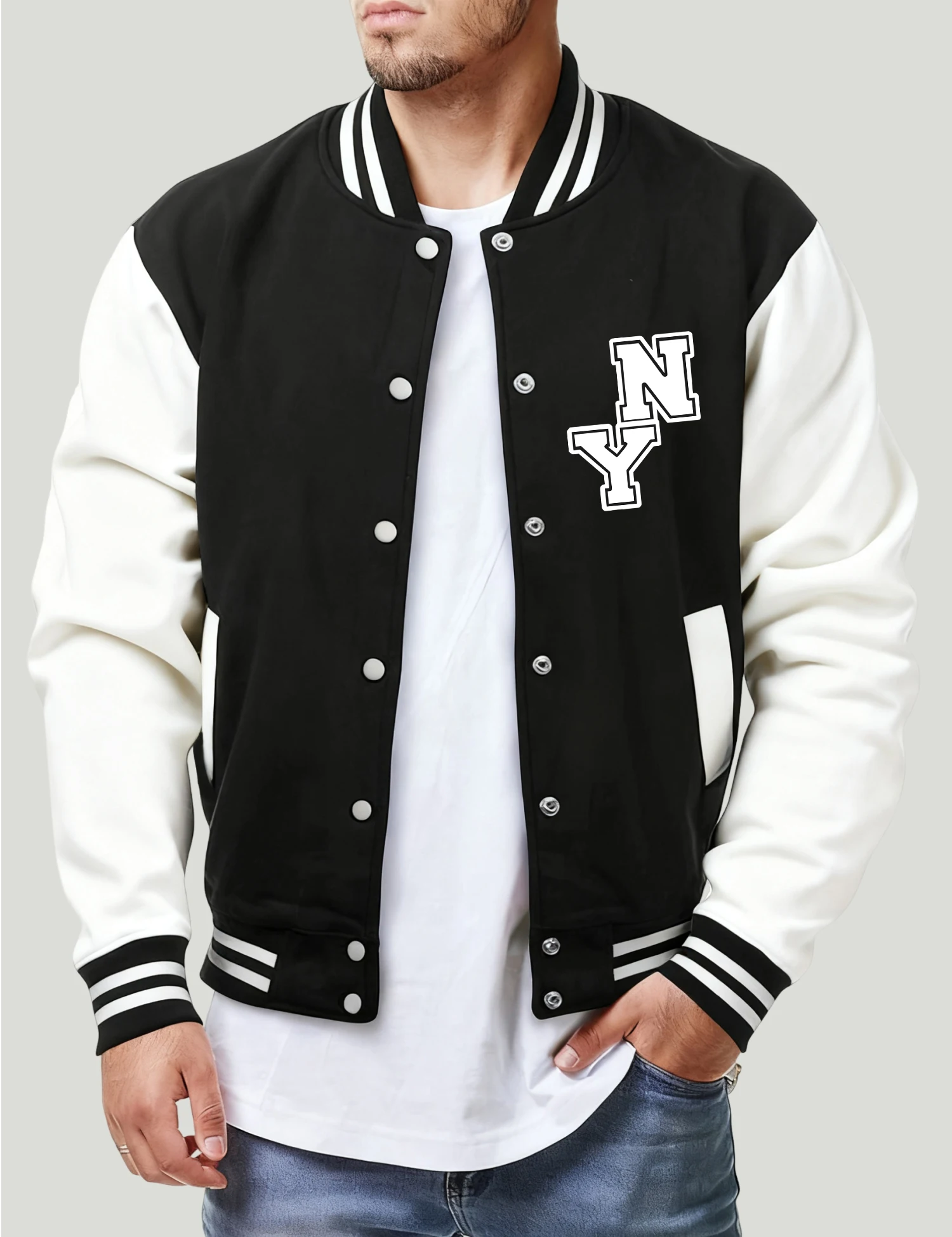 

New York City Art Word Printed Men Baseball Jacket Fashion Hip Hop Streetwear Fleece Loose Jersey Unisex All-Match Autumn Coat