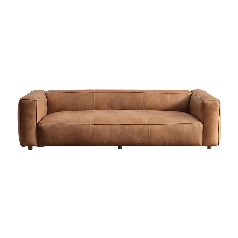 Nordic leather sofa living room straight row antique expression five heads beef oil wax leather retro American old caramel color