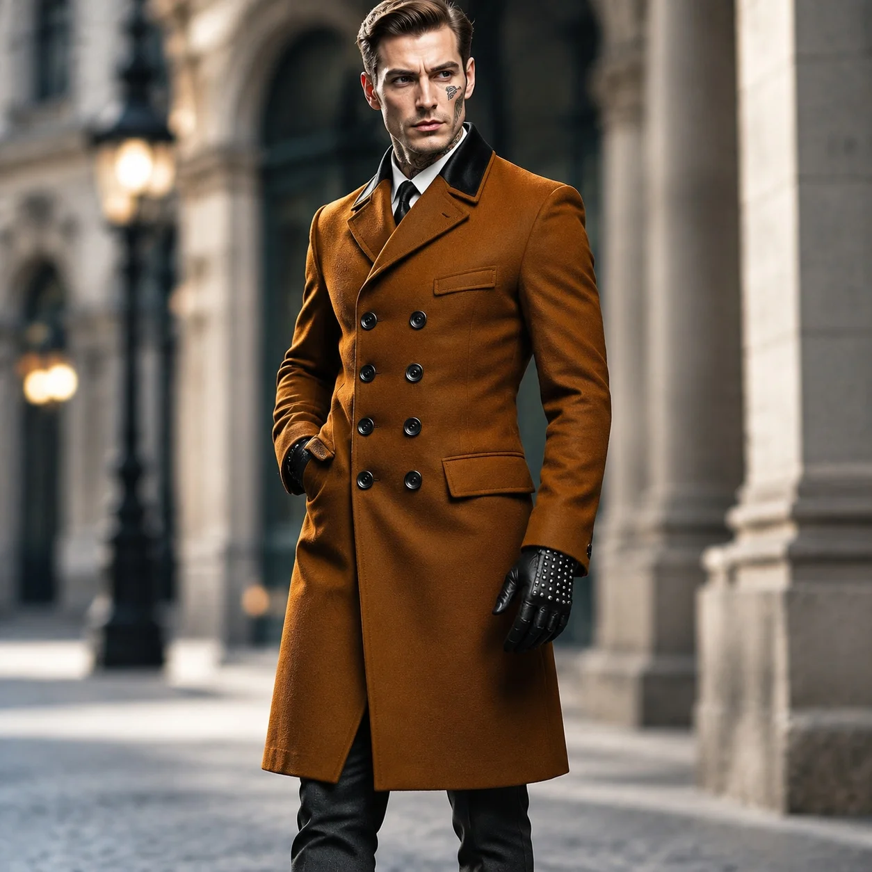 No Belt Double Breasted Front Belt Fitted European and American with Patchwork Patched Design Multiple Pockets Men Jacket
