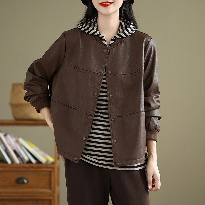 Premium PU Leather Brown ort Casual Jaet Women's Sle Baseball Collar Slimming Top for Autumn Winter Commute Faion