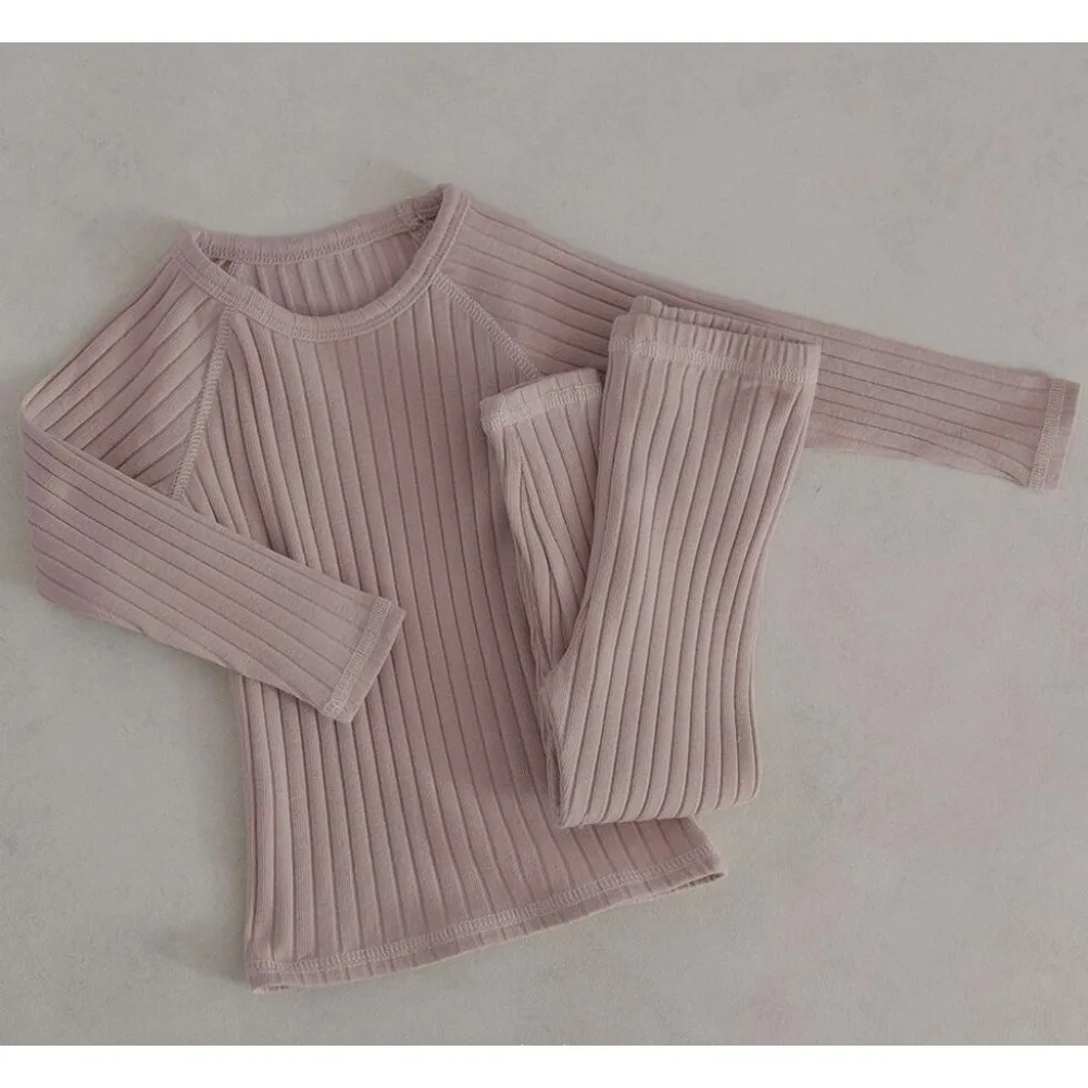 Autumn Children Set Boys Girls Homewear Pajama Set Ribbed Cotton Full Sleeve T-shirt Pants Sets for Kids