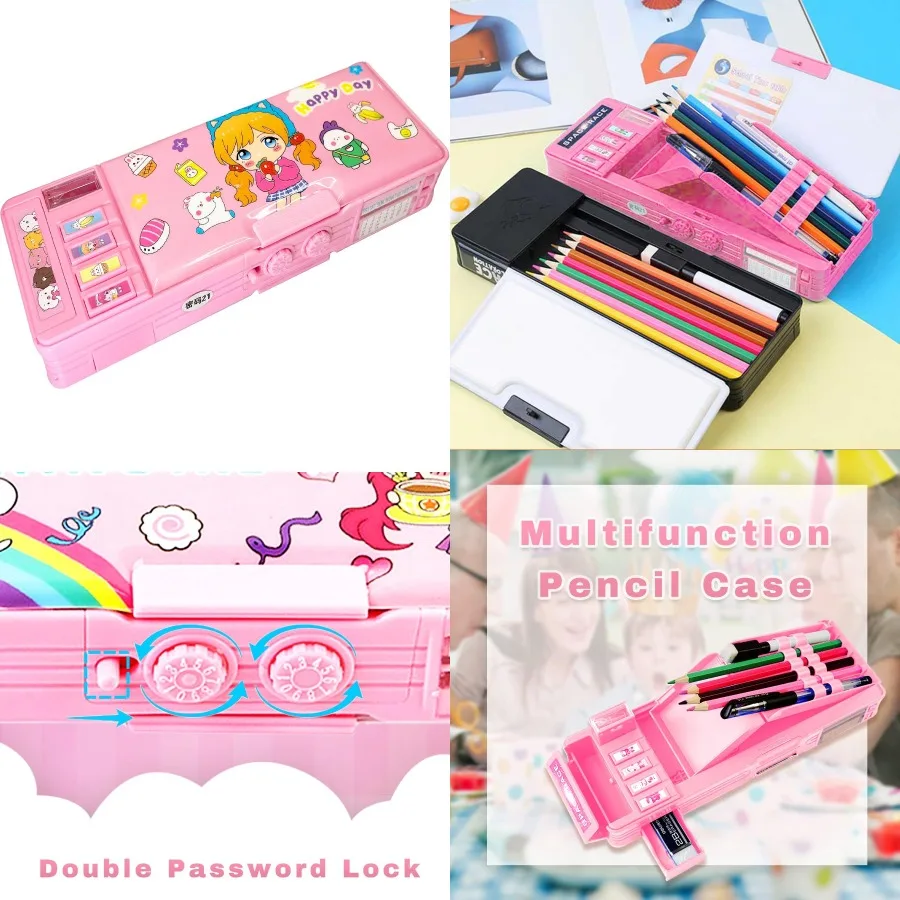 

Pop Up Multifunction Pencil Case for Girls and Boys Cute Cartoon Pen Box Organizer Stationery with Lock Sharpener Schedule Whit