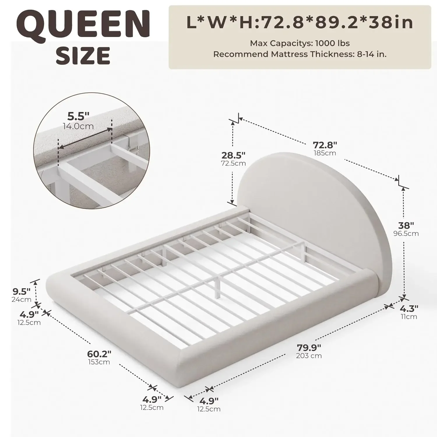 #AirFrame Half-Moon Upholstered Queen Platform Bed Frame, Velvet Curved Arched Base with Headboard, 5 Inch Fully Round, Custom