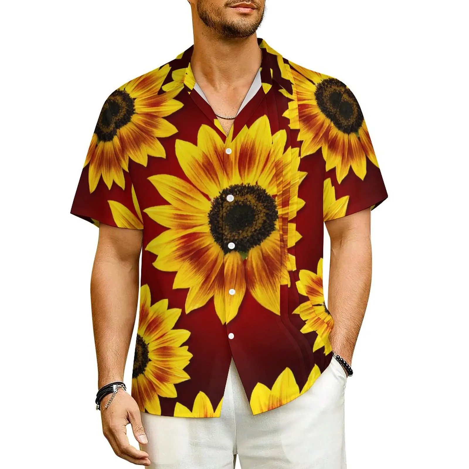 

Music Box Sunflower Vacation Shirt Man Flower Print Trendy Casual Shirts Hawaii Short Sleeve Streetwear Design Oversized Blouses