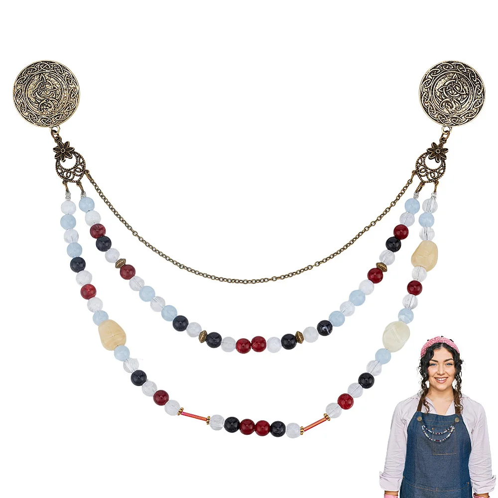 Brooch Cloak Clasp Apron Brooch Chains Golden Bead Chain 3-Layered Cloak Clasp Brooches with Bead Chain for Cosplay Costume