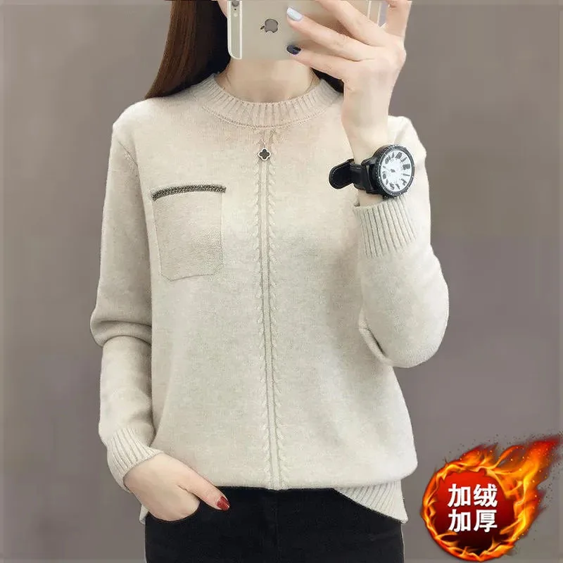 

New Women's Pullover Sweater Autumn Winter Plus Velvet Warm Knitted Base Coat Female Casual Crewneck Long-Sleeved Sweaters Coats