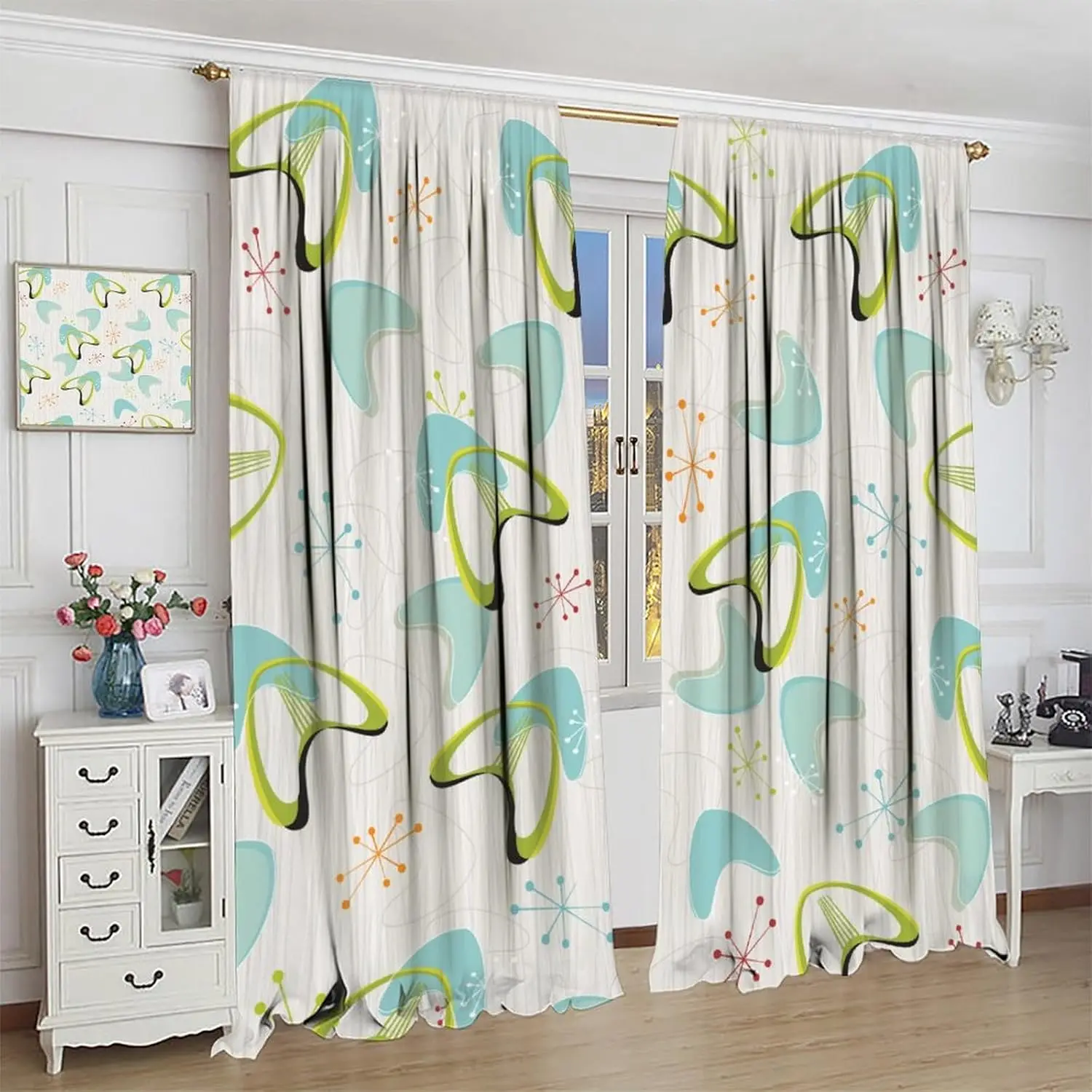 Mid Century Curtains Abstract Vintage Boho Colorful Geometrics Atomic Science Aesthetic Art Window Drapes for Kids Boys Girls