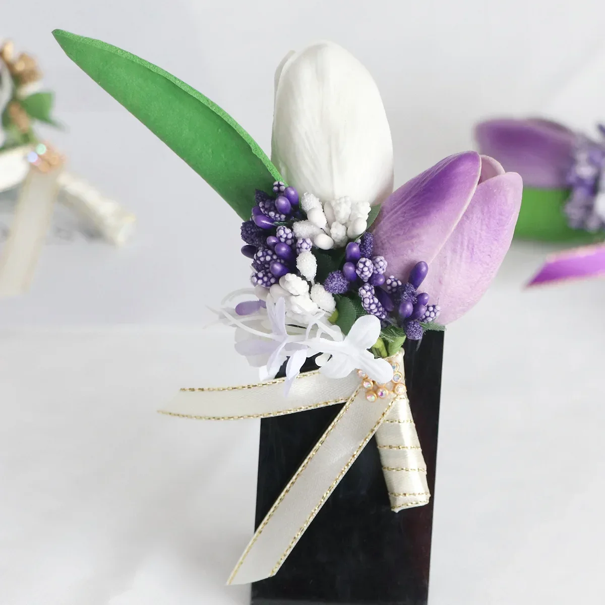 Purple White Tulip Fake Flower Wedding Corsage Flower Green Leaf Bridal Corsage Tulip Bridesmaid Wedding Decoration