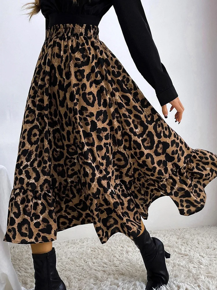 Chiffon Pleated Skirt Women Summer Sexy Leopard Printed Mid-Calf Gray Coffee Loose Long Skirts High Waist