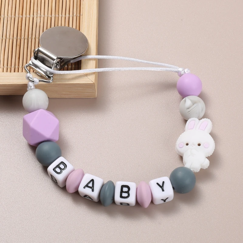 Colgante de silicona con letras en inglés para bebé, mordedor personalizado con nombre, conejo, chupete, cadenas, soporte para chupete, regalo para Baby Shower, nuevo