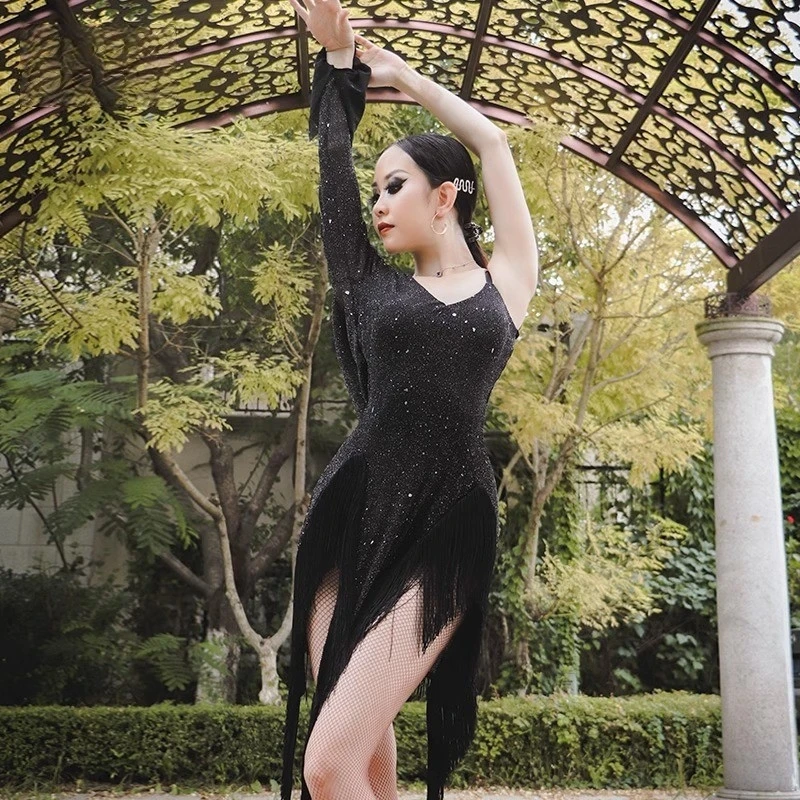 

Одежда для латинских танцев, юбка с кисточками на спине, одежда для нестандартной формы, танцевальная одежда национального стандарта, танцевальная одежда, ткань для выступлений