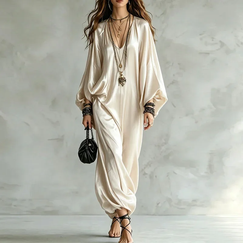 Solid V‑Neck  Satin Overalls Women Deep Batwing Long Sleeve Baggy Harem Long Pants Jumpsuit Bohemian Vacation Daily Loose Romper