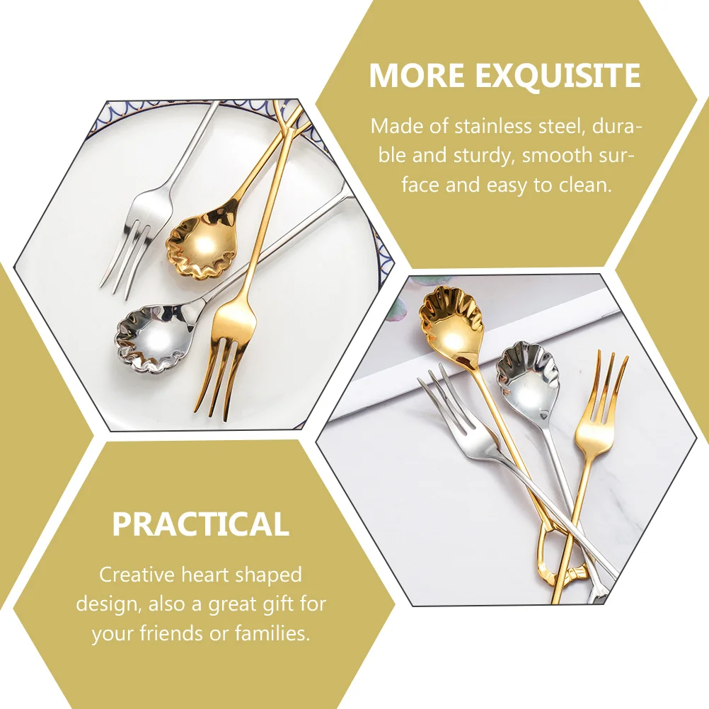 

1 set 1 Set Stainless Steel Fork Spoon Set Lightweight Cutlery Elegant Heart Design Cake Fruit Forks Dinnerware Flatware