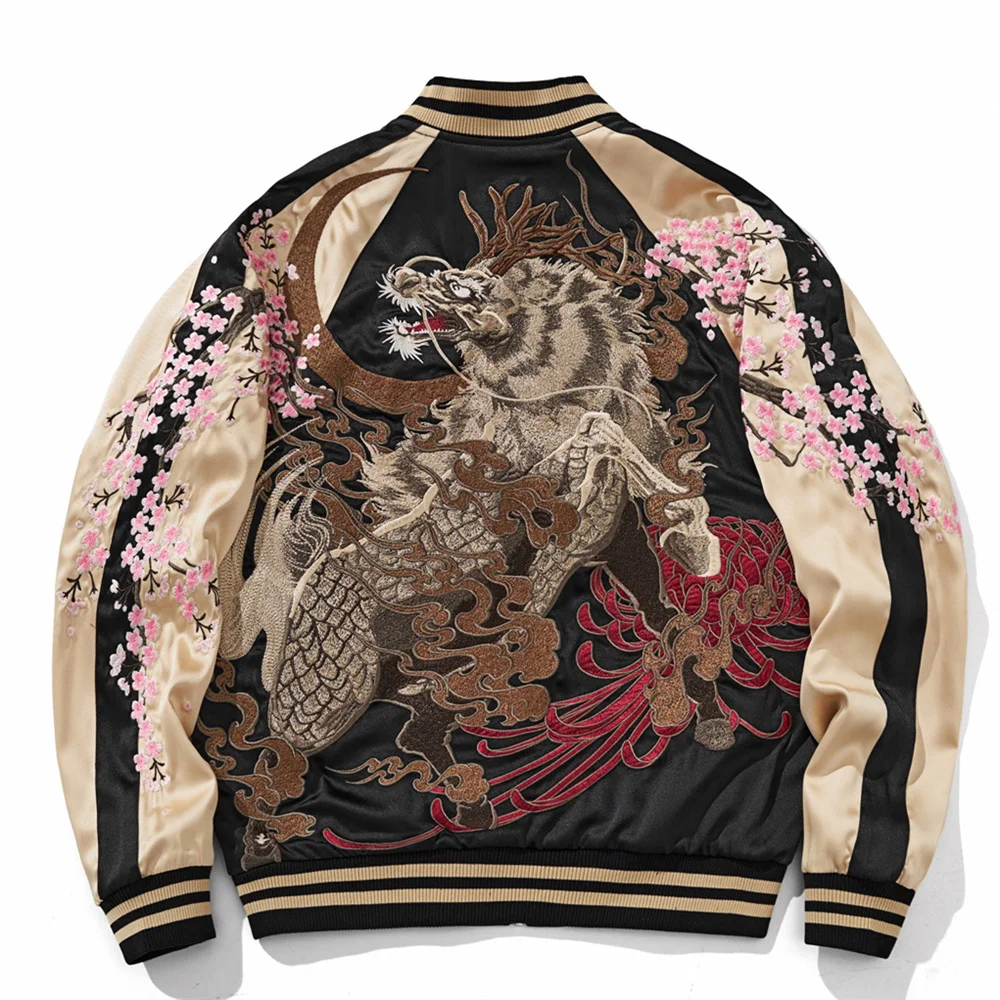 High Quality Mythical Beast Embroidered Jacket Japanese Men Women Couple Boy Baseball Streetwear Harajuku Motorcycle Jacket