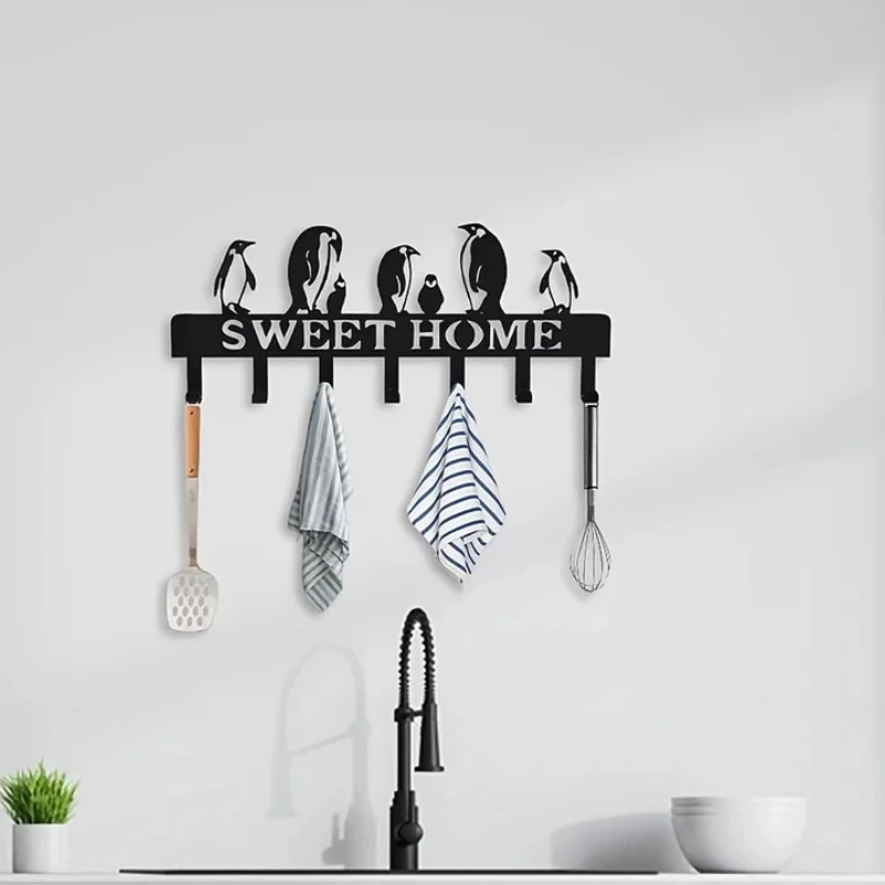 

Key Hanger Style Homes - Iron Wall Key Holder，Creative Penguin Hook Keychain Balcony Wall Mounted Black Coat Rack Doorway,