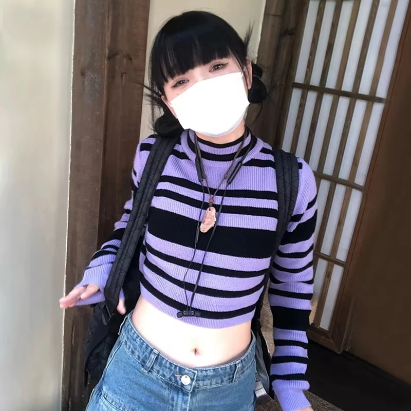 Japanese Y2K Knitted Crop Top 2000S Style Purple Striped Knit T-Shirt Vintage Harajuku Long Sleeve Ribbed Tops American
