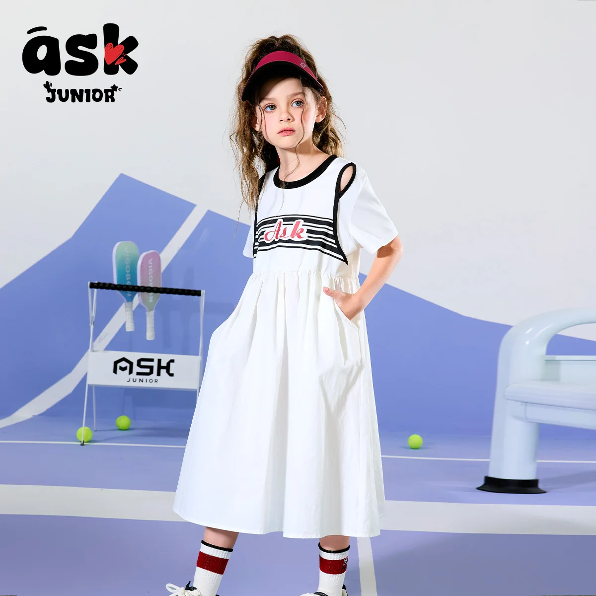 الأطفال الصيف الأوسط والكبير الأطفال خارج على الكتف فستان الفتيات طويلة قصيرة الأكمام تي شيرت فستان الفتيات الملابس #5