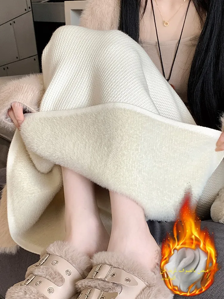 Thickened Fleece Knitted High Waist Asymmetrical A-Line Straight Cut Skirt for Women Warm Commute Style Winter New Arrival