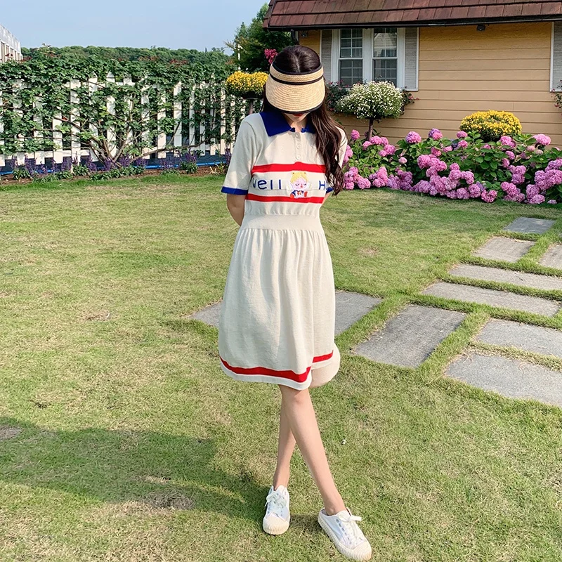 Women Fashion Letter Embroidery T Shirt Dress 2022 Summer Short Sleeve POLO Collar Casual Knee Dresses Female Robes Clothing