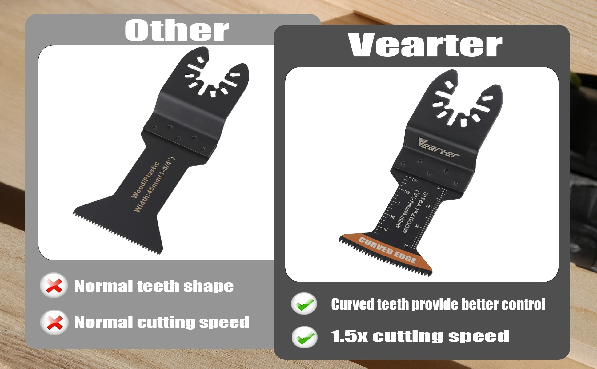 3/10 Stück Vearter 44 mm oszillierende Multitool-Klingen mit gebogenen Kanten, HCS-Sägeblätter, geeignet für Holz- und Kunststoffmaterialien – Detail 1