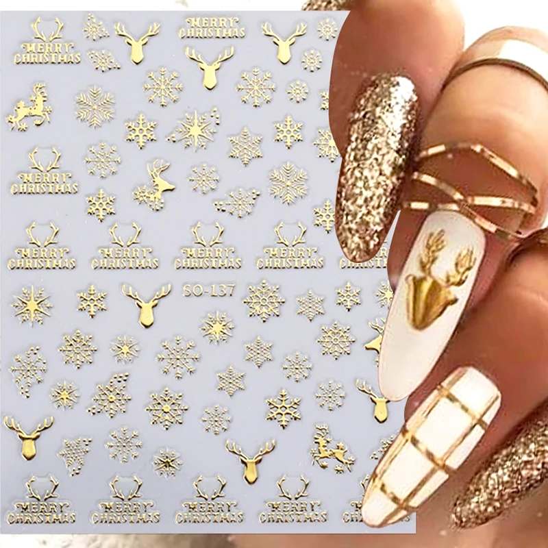 

Holographic Gold Elk Nail Sticker Christmas Metallic Snowflake Santa Claus Tree Winter Xmas New Year 3D Slider Nail Decoration