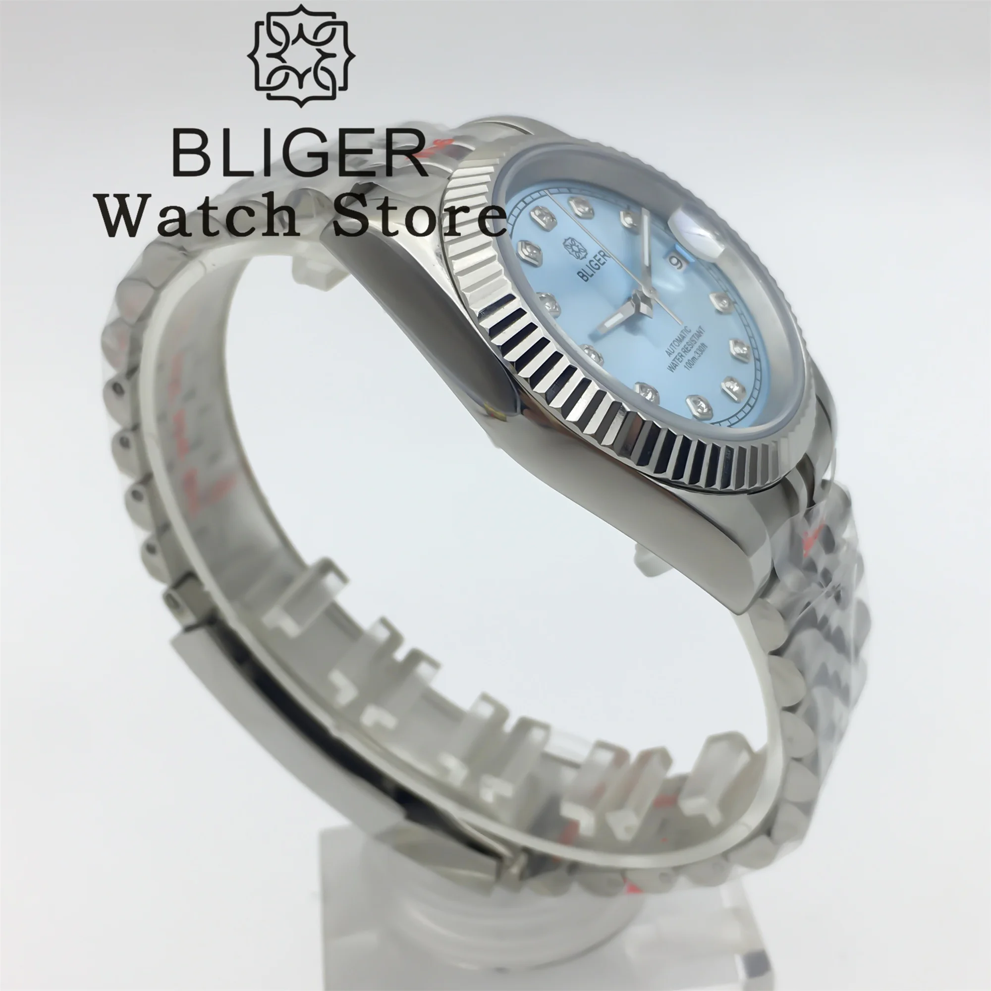 BLIGER 남성용 사파이어 오토매틱 스틸 손목시계, 스카이 블루 선버스트 다이얼, 다이아몬드 마크, 발광 날짜, NH35A, 36mm, 39mm