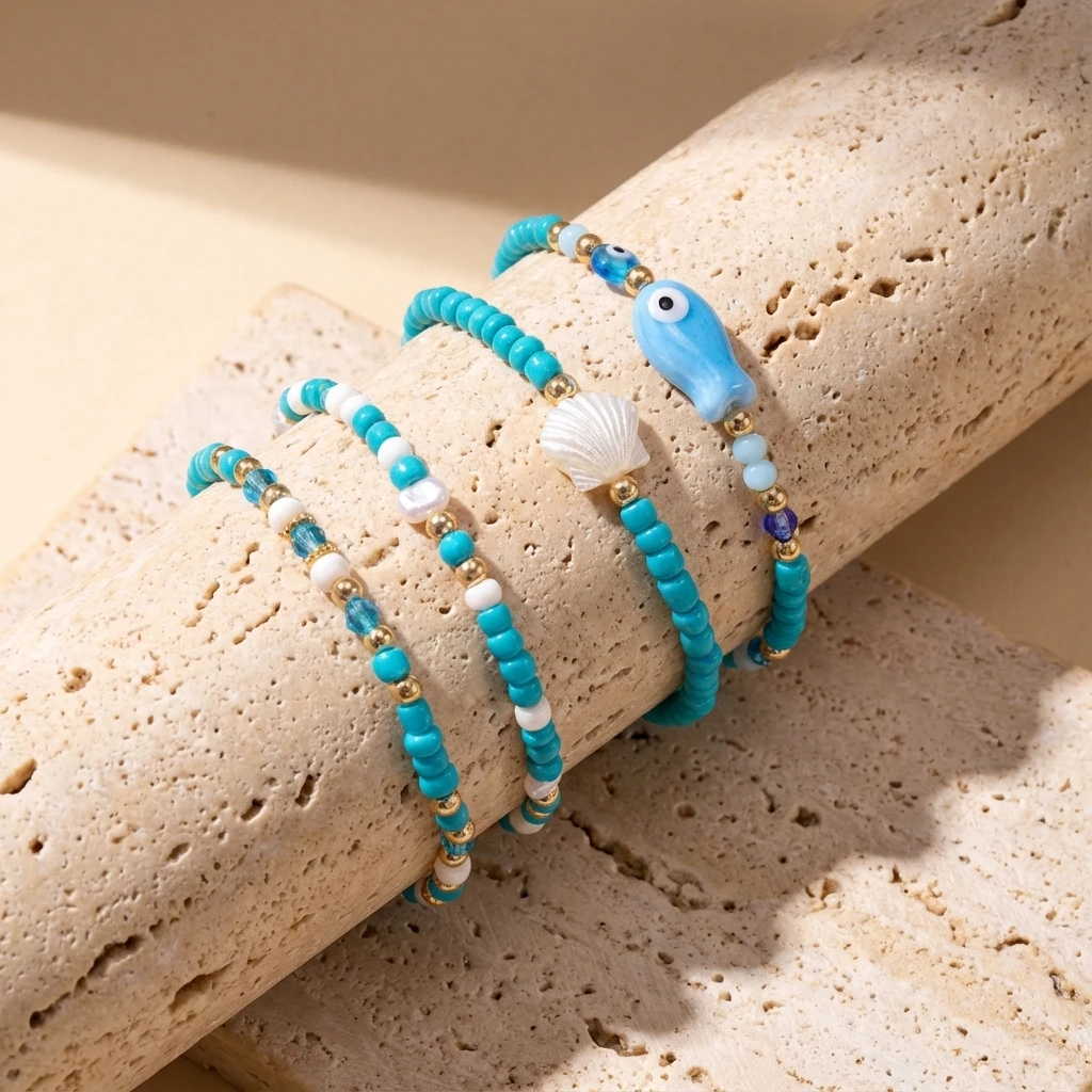 Böhmisches mehrschichtiges Perlenarmband-Set für Frauen, Sommer, Ozean, Strand, Muschel, Fisch, böser Blick, elastisch, stapelbar, Armreifen, Schmuck, Geschenk – Detail 4