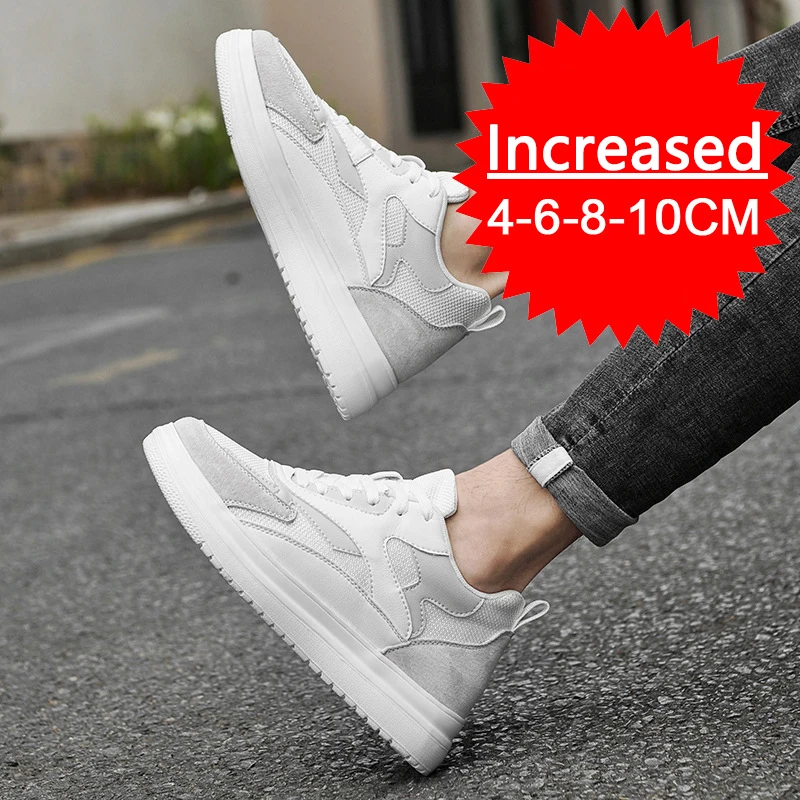 New Men Trendy Leather Sneakers Elevator Shoes Invisible Breathable Heightening Shoes 8/10cm Men\'s Casual Fashion Light Sneakers