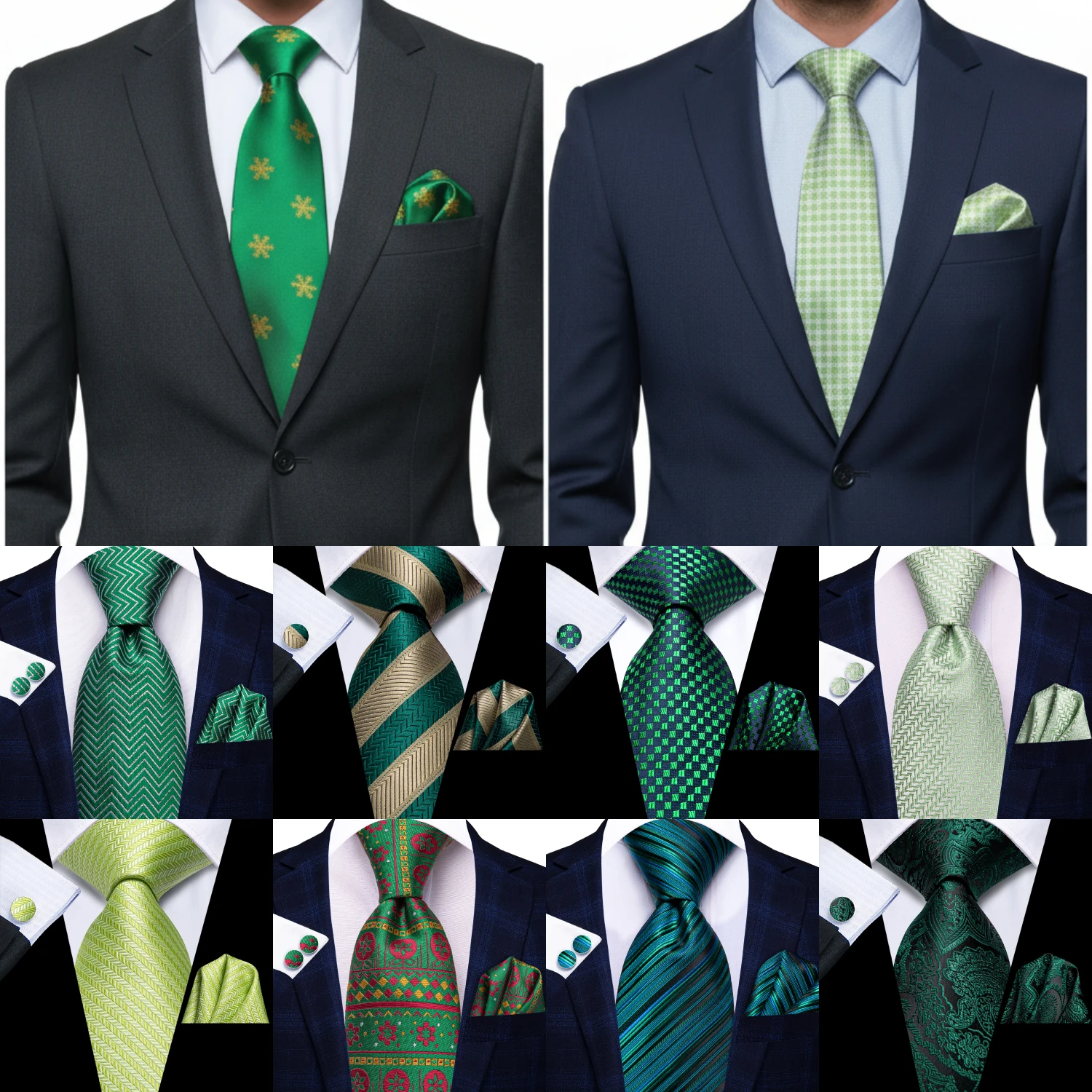 مرحبا التعادل رجل هدية التعادل مجموعة الأخضر الصلبة مخطط الحرير الزفاف التعادل للرجال تصميم الأزياء جودة التعادل المنديل أزرار أكمام مجموعة دروبشيبينغ