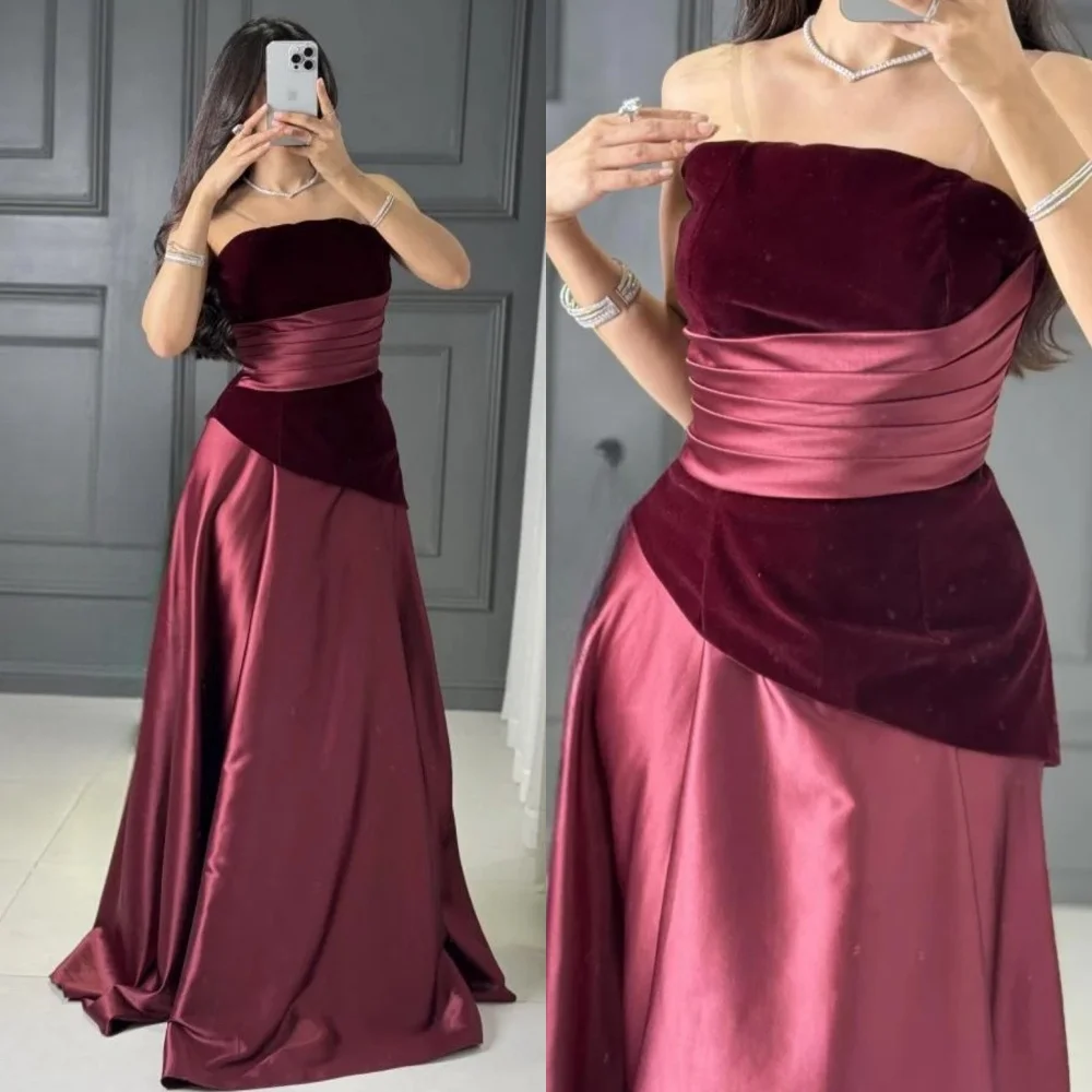 

Одинаковые модные велюровые плиссированные рюши с драпировкой, длинные платья трапециевидной формы без бретелек по индивидуальному заказу, вечерние платья, доступны изысканные размеры