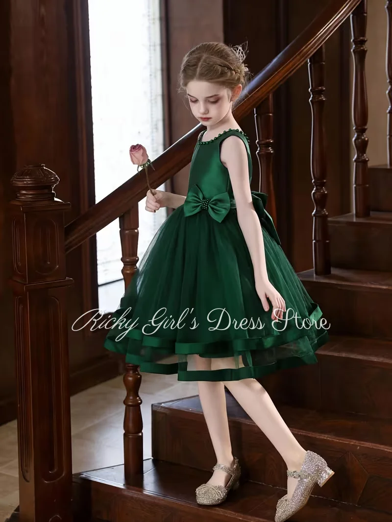 Customized Elegant Green Bow Sleeveless Tulle Tiered Flower Girl Dress For Wedding Ceremony Holiday Celebration Birthday Gift