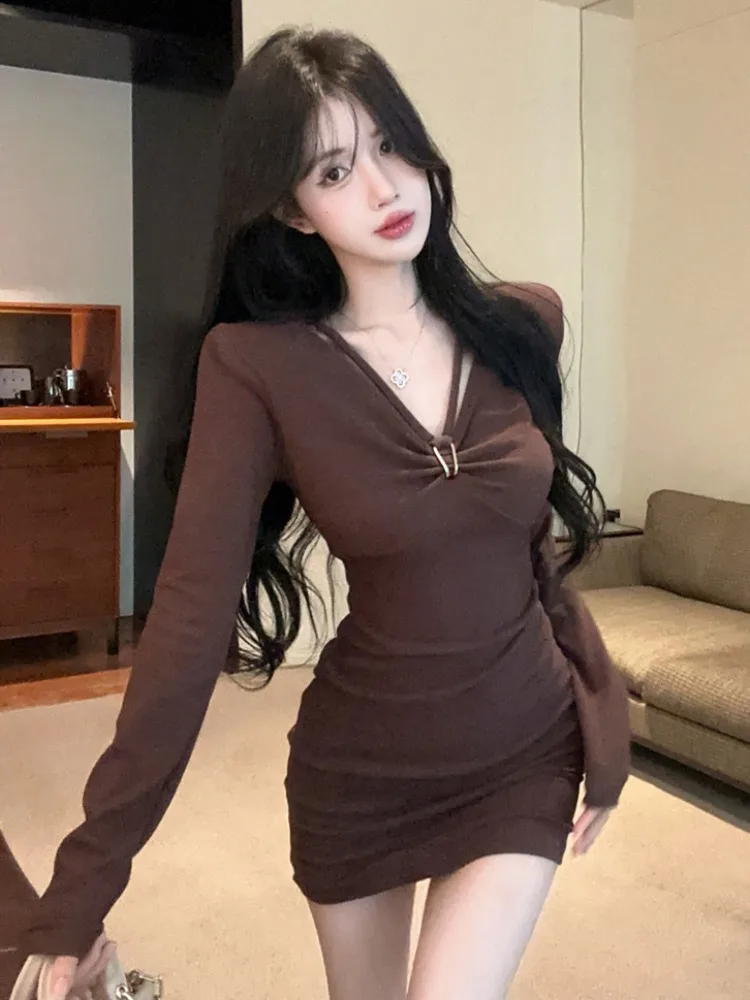 

Korean Style V-Neck Long Sleeve Flocking Pure Desire Waist-Cinching Wrap Body Dress Women's Base Layer Hollow out Design Dress