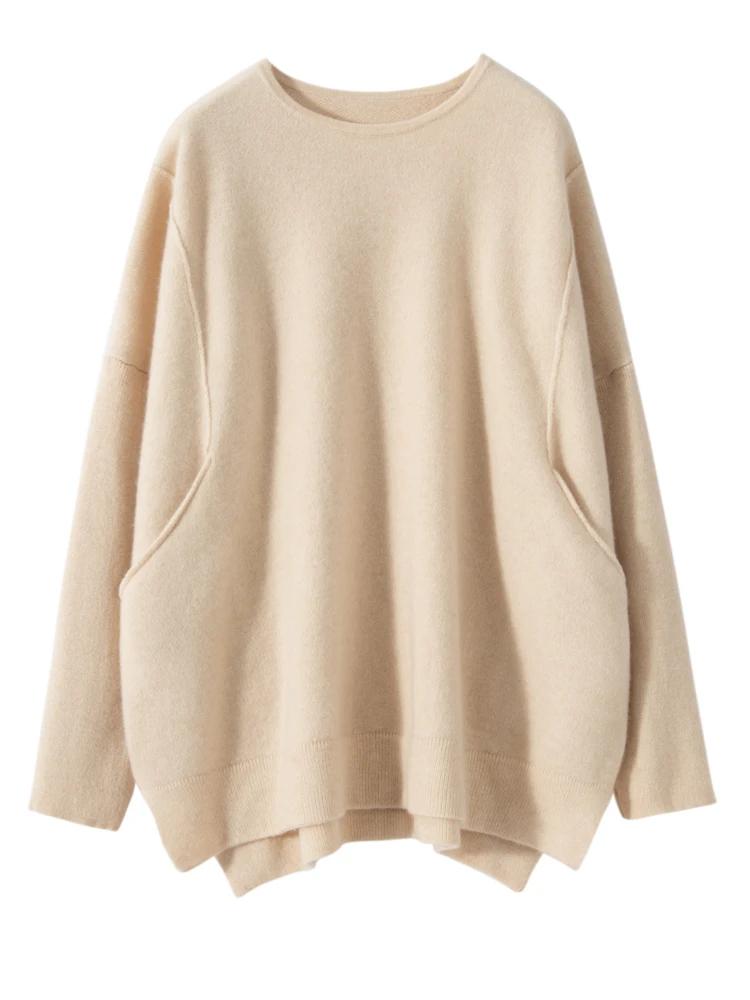 

Women's 100% Cashmere Sweater Autumn Winter Thick Raglan Sleeve Cashmere Clothing Basic Casual O-neck Pocket Pullover Knitwear