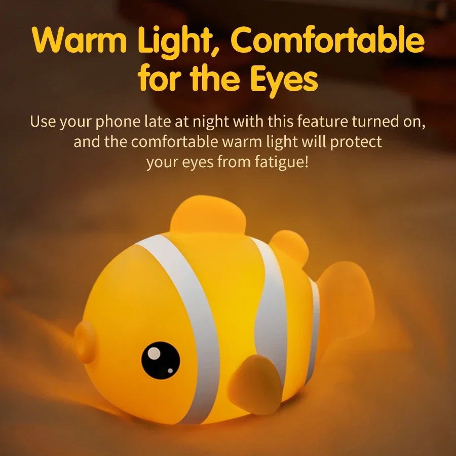 Clownfish Night Light Three-gear Dimmable Silicone Bedside Lamp for Kids Rechargeable Touch Led Nightlight for Bedroom Nursery