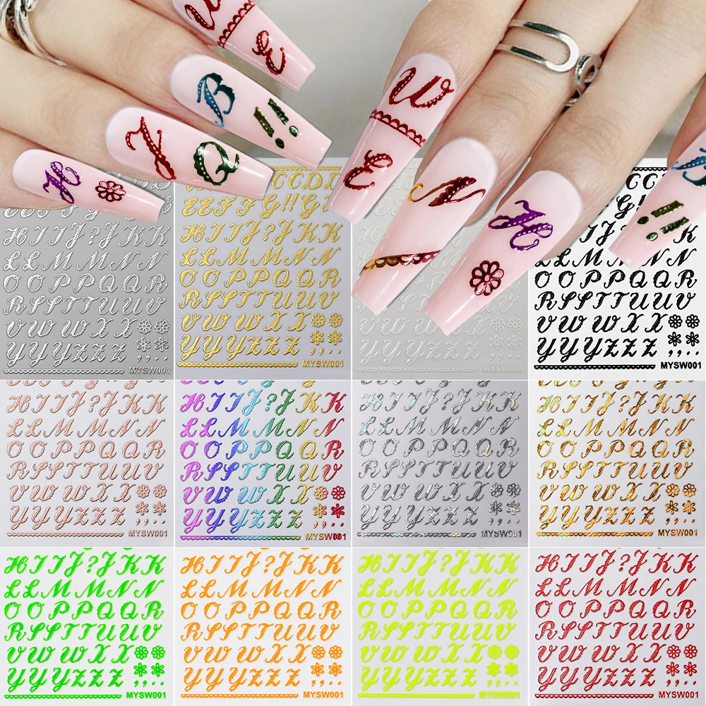 8/12pcs Y2K Roman Letter Design Nail Stickers Golden Silvery Black White Alphabet Design Decal 3D English Words DIY Manicure #NL