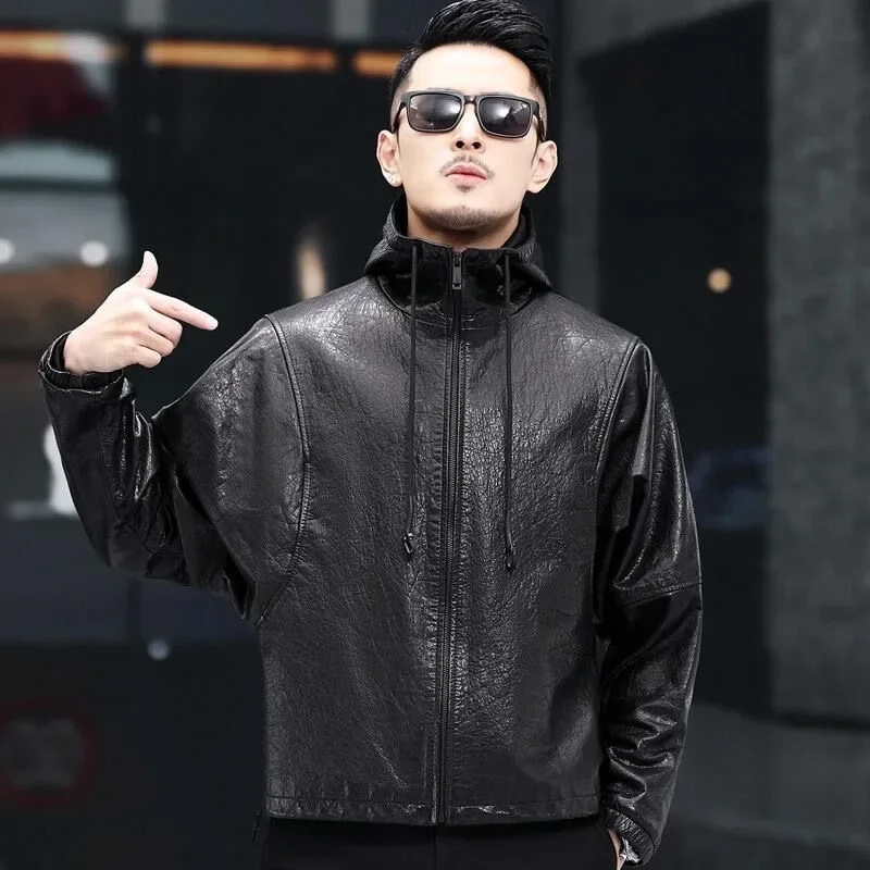 Winter new sheep leather coat man hooded bat sleeve casual loose short motorcycle leather jacket  tide