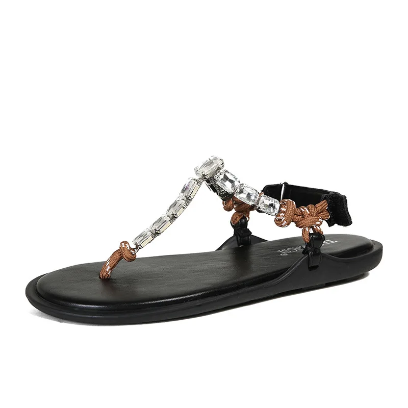

mixed color rope strap thong sandals women flat heel clip toe gladiator sandalias mujer back hook summer beach shoes