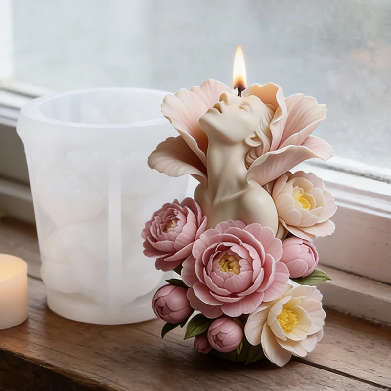 3D Flower Surround Woman Candle Silicone Mold Peony Lady Head Sculpture Aroma Soap Wax Gypsum Craft Mold Home Decor view 3