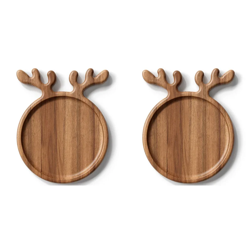 

ABKW-2X Wood Serving Platter With Antler Handle, Round Wooden Food Dish Plate, Decorative Charcuterie Board For Cheese A