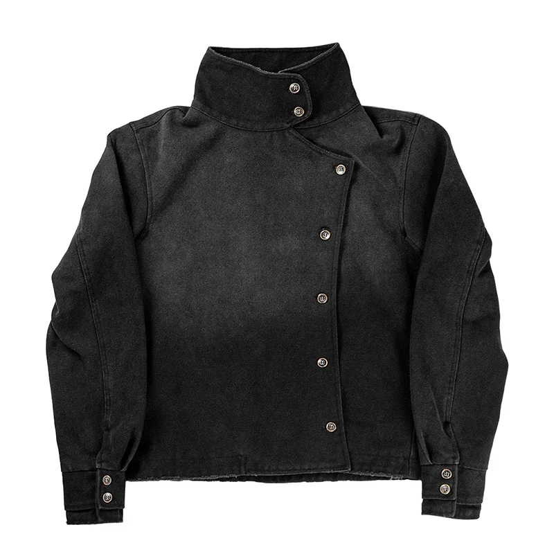 2026 Herbst Winter Unisex Gothic Asymmetrische Knopf-Cropped-Jacke Vintage Gewaschener Schwarzer Stehkragen Streetwear-Mantel – Detail 3