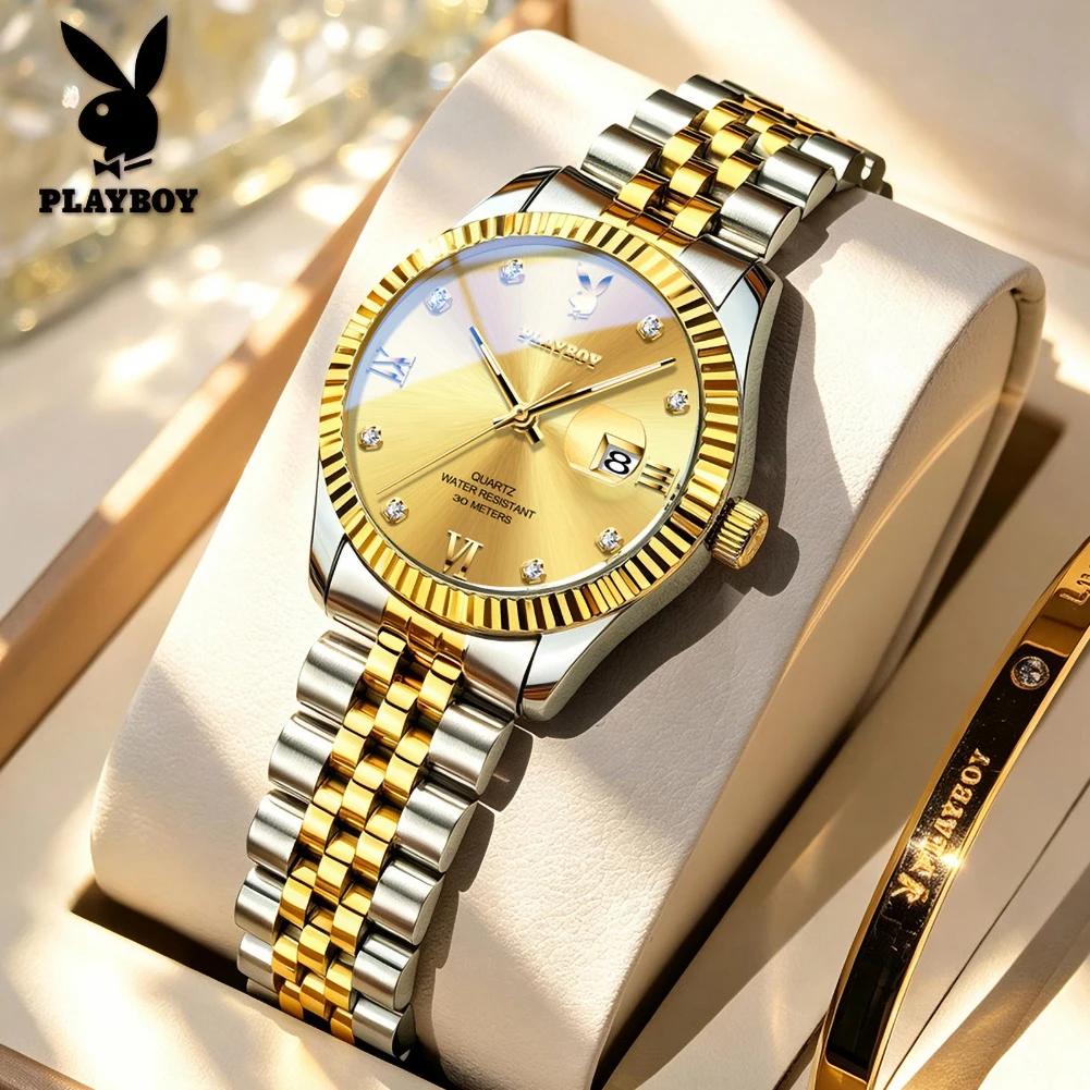 PLAYBOY 3558 Elegance Women Quartz Movement Watch Single Calendar Window Stainless Steel Strap 30m Waterproof Luminous Watch