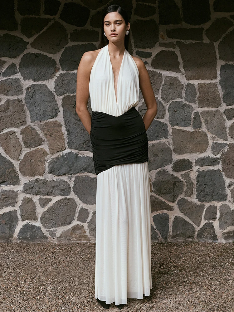 

Mozision Patchwork Halter Backless Sexy Maxi Dress Women Gown Elegant Deep V Neck Sleeveless High Waist Bodycon Club Party Dress
